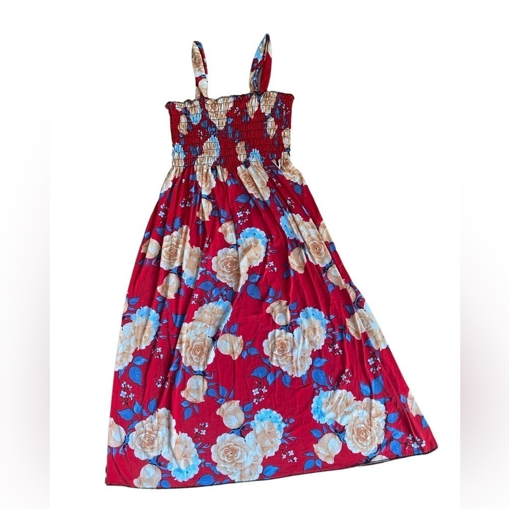 Beautiful Red Floral Smocked Midi Dress - Size Large but Runs Like A Medium